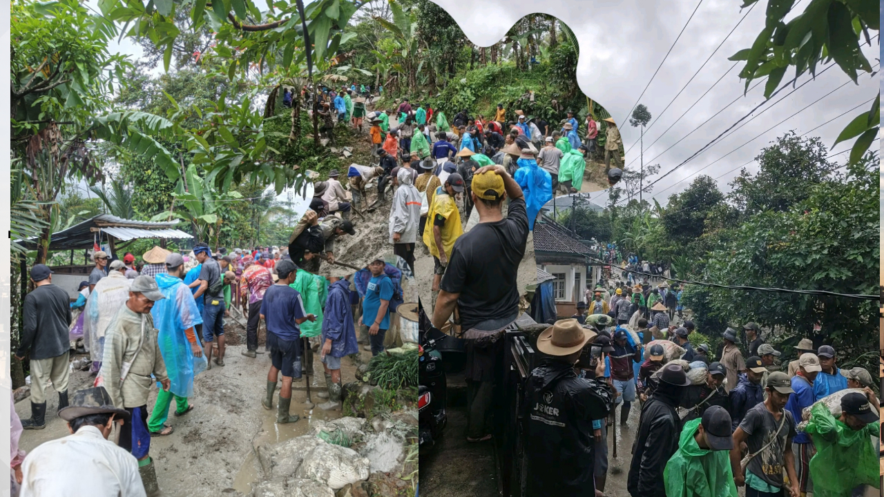 Foto : Warga yang tergabung dalam KSM SIMASUKMA bersama Paguyuban Driver Sobang (PDS) melakukan pengecoran Jalan Lintas Desa Ciparasi–Majasari, Kecamatan Sobang, Kabupaten Lebak, Banten, secara swadaya di tengah hujan, Sabtu (20/12/2025).
