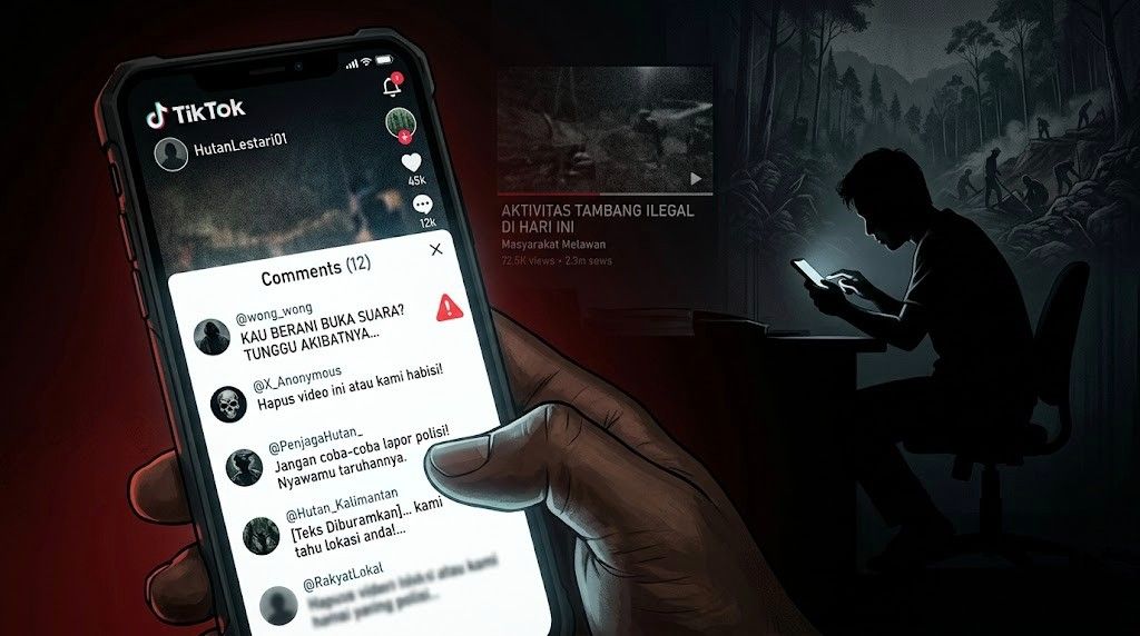 Ilustrasi suasana interaksi di media sosial yang menampilkan komentar bernada ancaman, sebagai gambaran risiko penyalahgunaan kebebasan berpendapat di ruang digital.