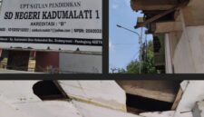 Kondisi bangunan SDN Kadumalatii 1 di Kecamatan Sindangresmi, Kabupaten Pandeglang, tampak mengalami kerusakan pada bagian plafon dan dinding yang mengelupas, mencerminkan perlunya perawatan sarana dan prasarana sekolah.