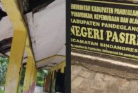 Kondisi ruang kelas SDN Pasirloa terlihat memprihatinkan dengan plafon rusak, lantai pecah, serta bangku siswa yang patah namun masih digunakan dalam kegiatan belajar mengajar.