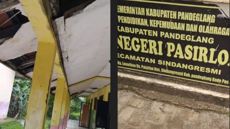 Kondisi ruang kelas SDN Pasirloa terlihat memprihatinkan dengan plafon rusak, lantai pecah, serta bangku siswa yang patah namun masih digunakan dalam kegiatan belajar mengajar.
