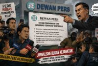 Keterangan gambar ilustrasi: Ilustrasi menggambarkan sikap Dewan Pers yang mengecam tindakan merendahkan wartawan serta intimidasi terhadap jurnalis saat menjalankan tugas jurnalistik. Kebebasan pers dan hak publik untuk memperoleh informasi menjadi bagian penting yang harus dihormati dan dilindungi.