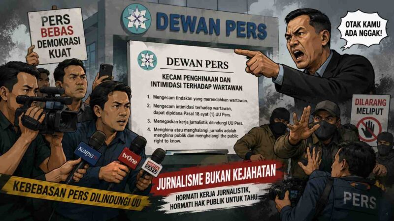 Keterangan gambar ilustrasi: Ilustrasi menggambarkan sikap Dewan Pers yang mengecam tindakan merendahkan wartawan serta intimidasi terhadap jurnalis saat menjalankan tugas jurnalistik. Kebebasan pers dan hak publik untuk memperoleh informasi menjadi bagian penting yang harus dihormati dan dilindungi.
