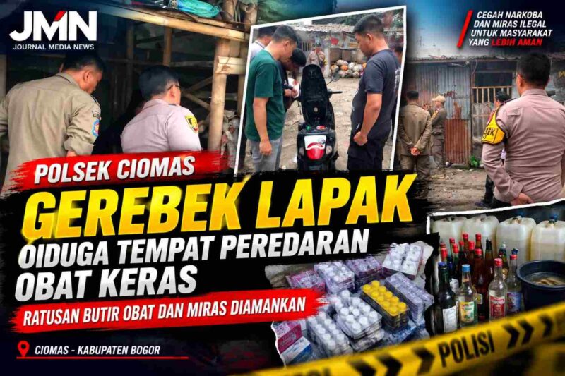 BOGOR — Polsek Ciomas bersama unsur Muspika Kecamatan Ciomas mengamankan 200 butir Tramadol, 380 butir Trihex, serta berbagai jenis minuman keras dalam operasi penindakan dugaan peredaran obat keras tertentu dan miras ilegal di kawasan Pasar dan Terminal Laladon serta wilayah Padasuka, Kabupaten Bogor, Rabu (14/10/2026). Dalam penggerebekan lapak yang diduga menjadi tempat transaksi obat keras, terduga penjual dilaporkan melarikan diri sebelum petugas tiba. Operasi ini merupakan tindak lanjut laporan masyarakat untuk menjaga keamanan dan ketertiban di wilayah Kecamatan Ciomas.