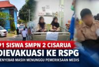 Petugas dan ambulans berada di lingkungan sekolah, sementara sejumlah siswa mendapatkan penanganan medis di rumah sakit. Sebanyak 91 siswa SMP Negeri 2 Cisarua, Kabupaten Bogor, dilaporkan dievakuasi ke RSPG Cisarua. Penyebab gangguan kesehatan yang dialami para pelajar tersebut masih menunggu hasil pemeriksaan medis.